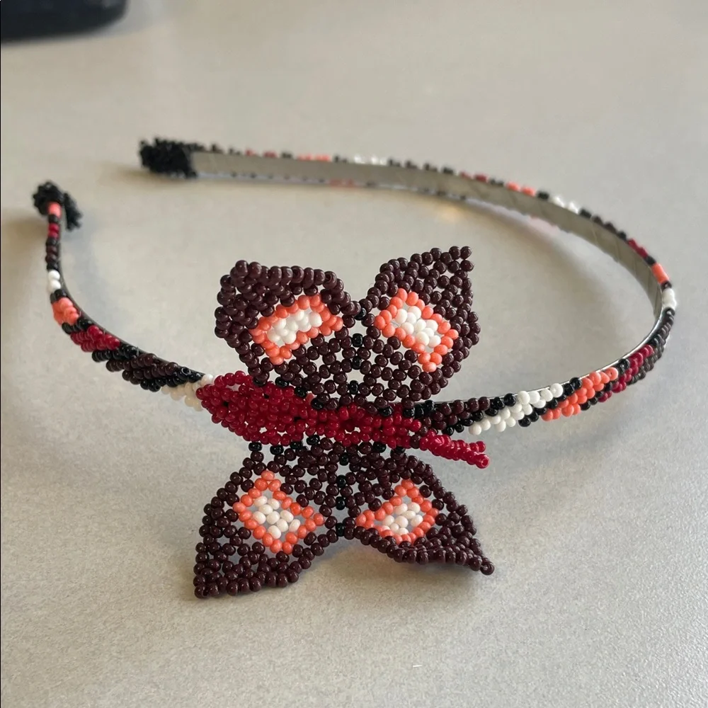 Handmade‎ Seed Bead Floral Headband in Brown, Red, Peach & White